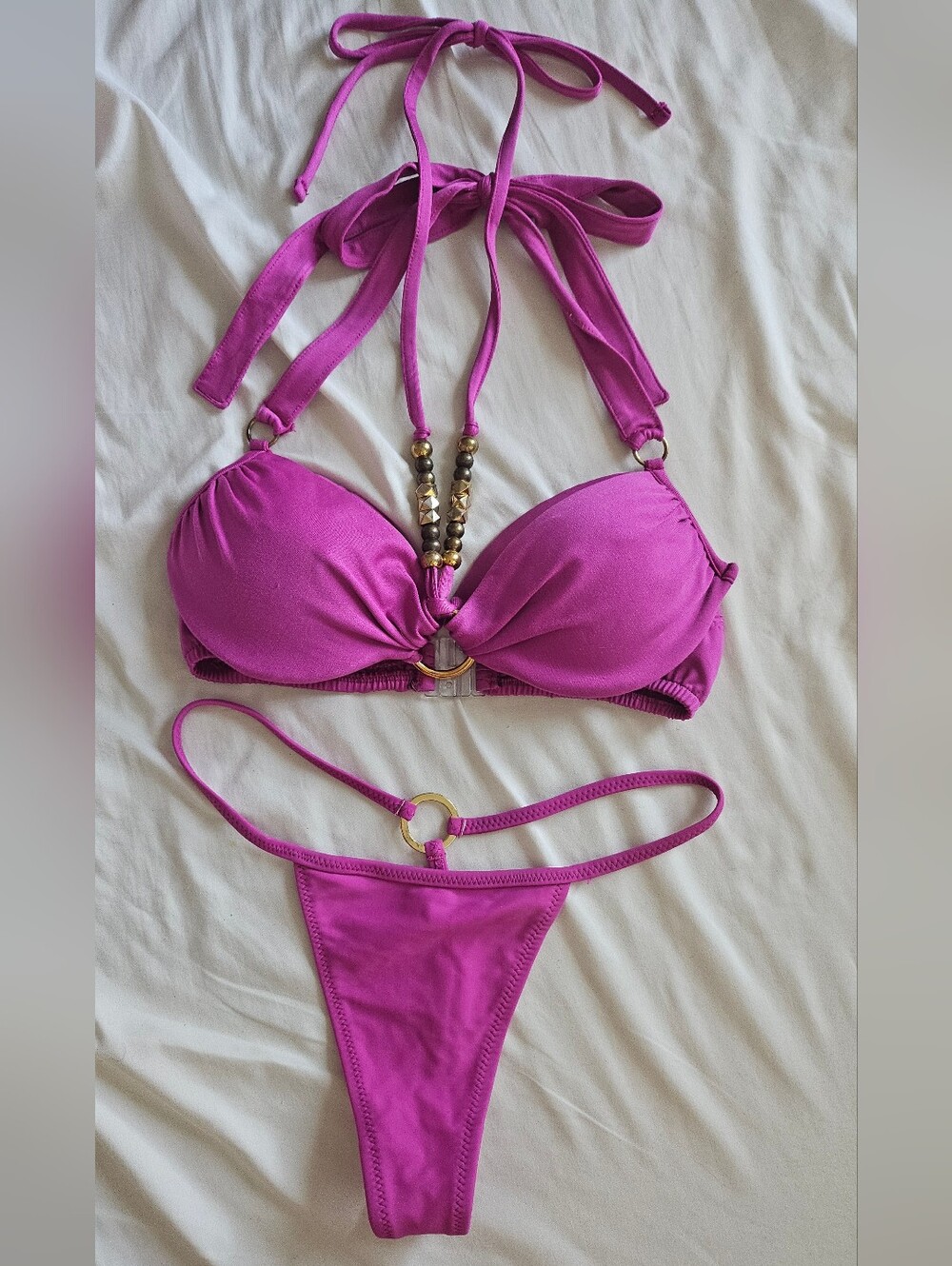Rare D.i.a Gyaru Magenta Halter Bikini Top Thong Set Gold Bead Accents